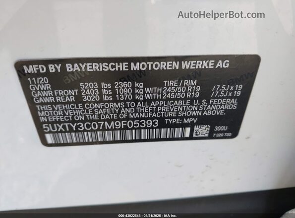 5UXTY3C07M9F05393 2021 BMW X3 White Engine compartment view