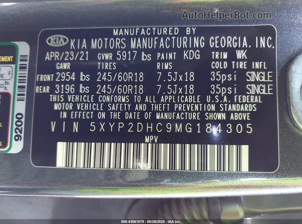 5XYP2DHC9MG184305 2021 KIA TELLURIDE Gray Widok komory silnika