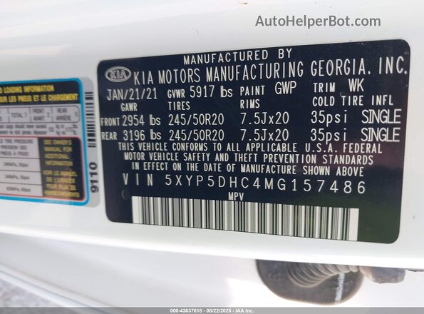 5XYP5DHC4MG157486 2021 KIA TELLURIDE White Engine compartment view