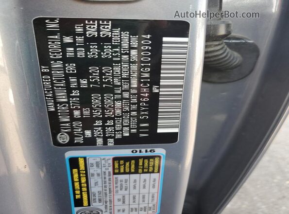 5XYP64HC1MG100904 2021 KIA TELLURIDE Gray Vista de la etiqueta del VIN