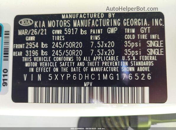 5XYP6DHC1MG176526 2021 KIA TELLURIDE White 