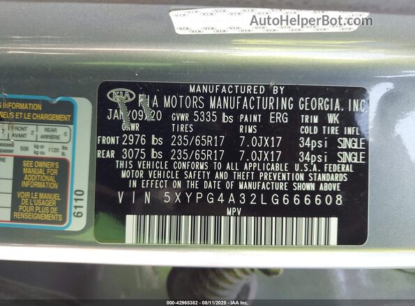 5XYPG4A32LG666608 2020 KIA SORENTO Gray Widok komory silnika