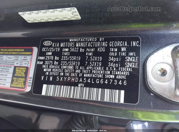 5XYPHDA54LG647346 2020 KIA SORENTO Gray Vista del compartimento del motor