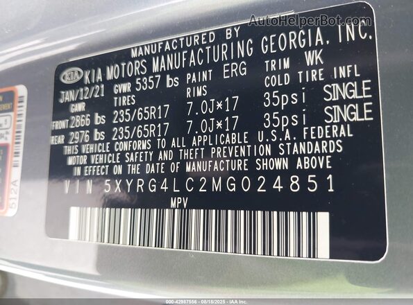 5XYRG4LC2MG024851 2021 KIA SORENTO Gray Widok komory silnika