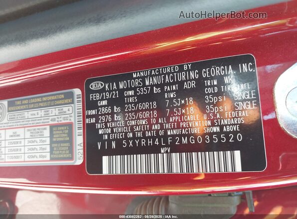 5XYRH4LF2MG035520 2021 KIA SORENTO Красный Вид подкапотного пространства