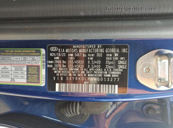 5XYRKDLF6MG013277 2021 KIA SORENTO Blue VIN sticker view