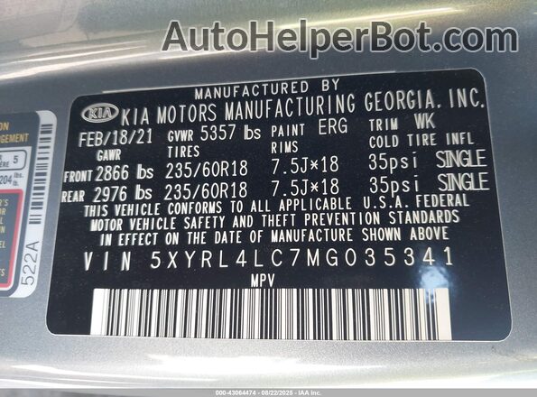 5XYRL4LC7MG035341 2021 KIA SORENTO Серый Вид подкапотного пространства