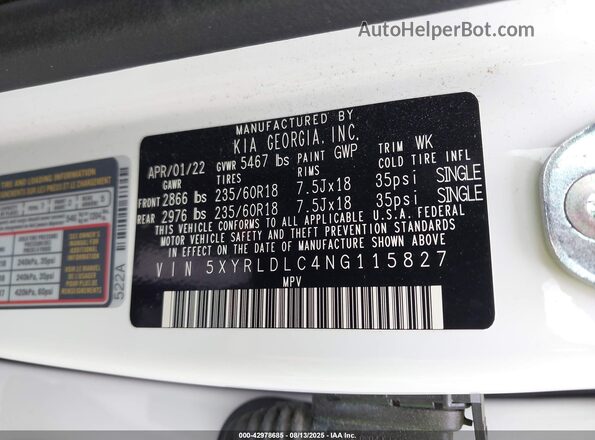 5XYRLDLC4NG115827 2022 KIA SORENTO White Շարժիչի բաժամունքի տեսք