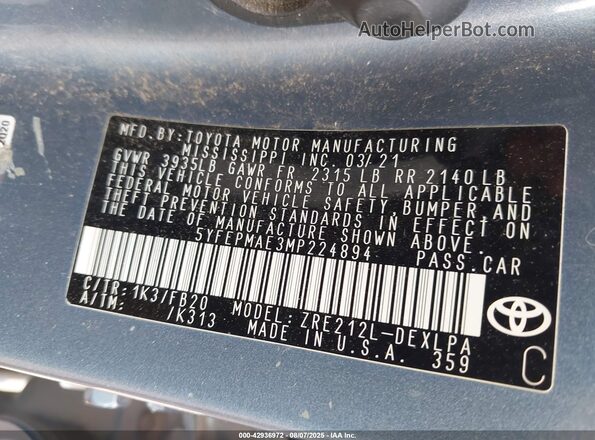 5YFEPMAE3MP224894 2021 TOYOTA LL Синий Вид подкапотного пространства