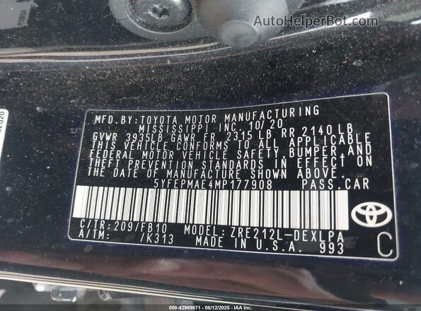 5YFEPMAE4MP177908 2021 TOYOTA LL Black Շարժիչի բաժամունքի տեսք
