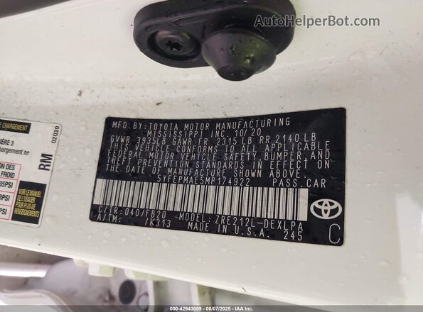 5YFEPMAE5MP174922 2021 TOYOTA LL White Engine compartment view