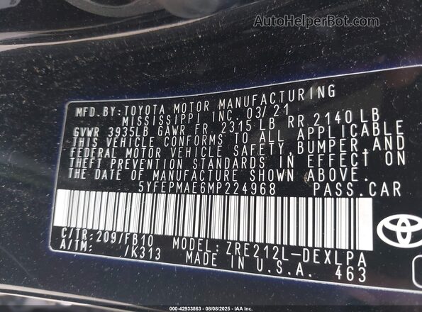 5YFEPMAE6MP224968 2021 TOYOTA LL Черный Вид подкапотного пространства