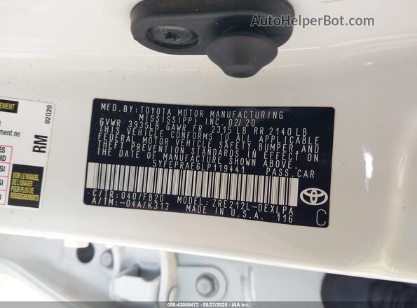 5YFEPRAE6LP119441 2020 TOYOTA LL Белый Вид подкапотного пространства