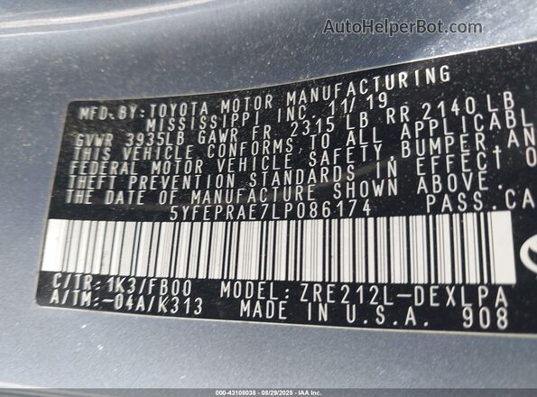 5YFEPRAE7LP086174 2020 TOYOTA LL Gray Widok komory silnika