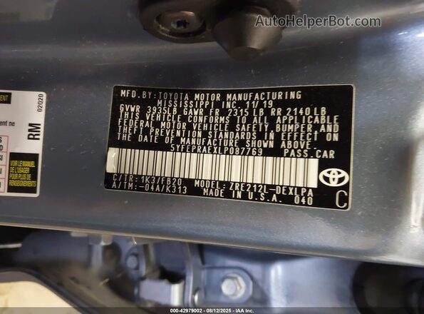 5YFEPRAEXLP087769 2020 TOYOTA LL Gray Շարժիչի բաժամունքի տեսք