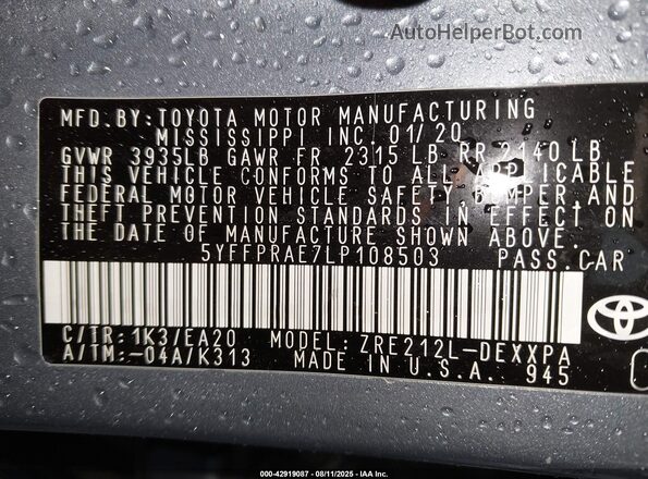 5YFFPRAE7LP108503 2020 TOYOTA LL Gray Engine compartment view