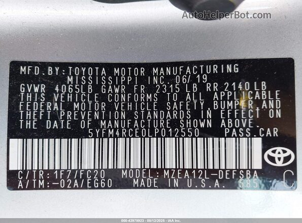 5YFM4RCE0LP012550 2020 TOYOTA LL Silver Vista del compartimento del motor