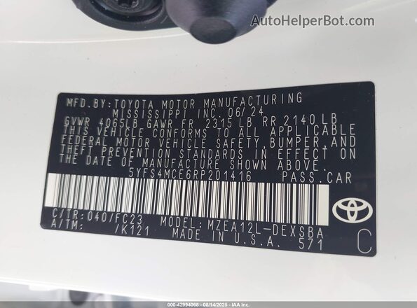 5YFS4MCE6RP201416 2024 TOYOTA LL White Вид підкапотного простору