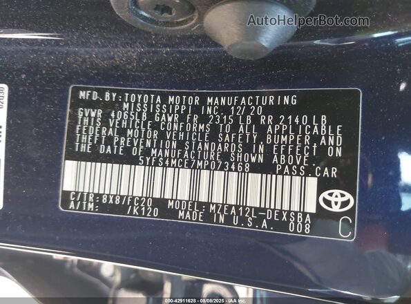 5YFS4MCE7MP073468 2021 TOYOTA LL Blue Շարժիչի բաժամունքի տեսք