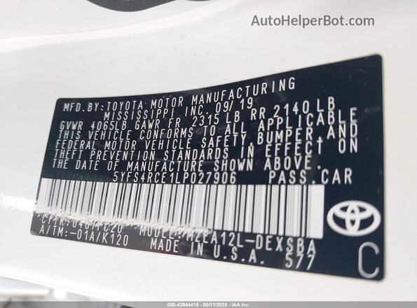 5YFS4RCE1LP027906 2020 TOYOTA LL White Widok komory silnika