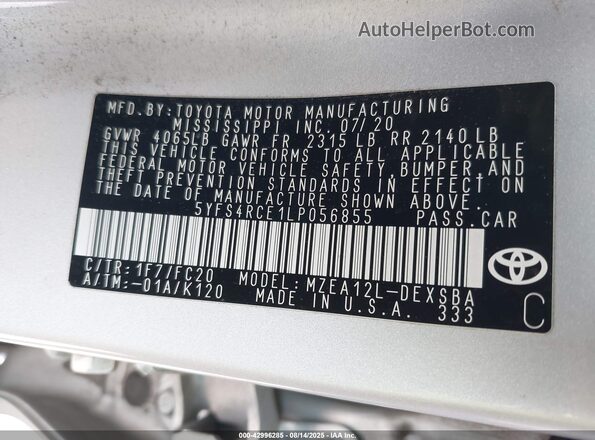 5YFS4RCE1LP056855 2020 TOYOTA LL Silver ძრავის განყოფილების ხედი