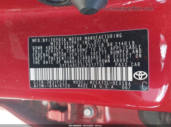 5YFS4RCE5LP017797 2020 TOYOTA LL Red Widok komory silnika
