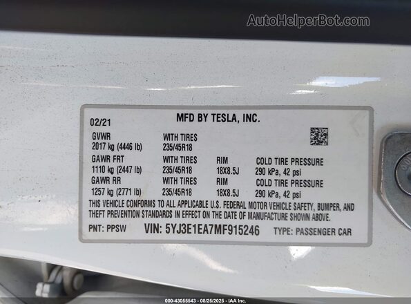 5YJ3E1EA7MF915246 2021 TESLA MODEL 3 Белый Вид подкапотного пространства
