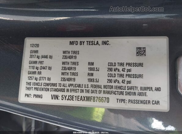 5YJ3E1EAXMF876670 2021 TESLA MODEL 3 Gray Շարժիչի բաժամունքի տեսք