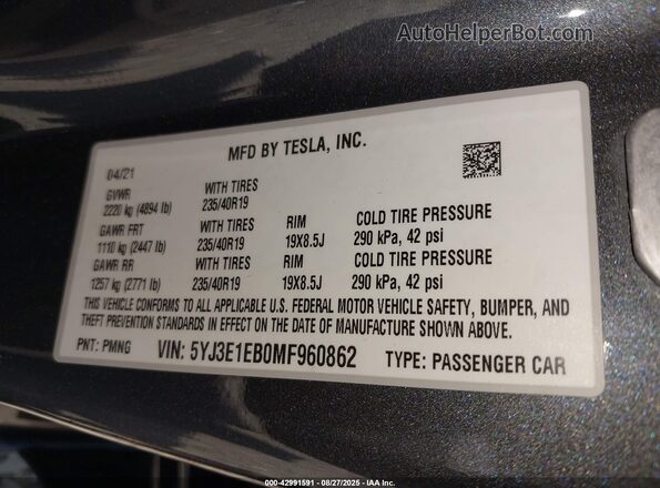 5YJ3E1EB0MF960862 2021 TESLA MODEL 3 Gray VIN կոդի պիտակի տեսք