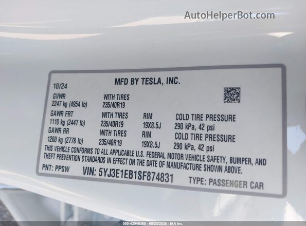 5YJ3E1EB1SF874831 2025 TESLA MODEL 3 White Вид підкапотного простору