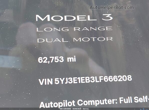 5YJ3E1EB3LF666208 2020 TESLA MODEL 3 Black 