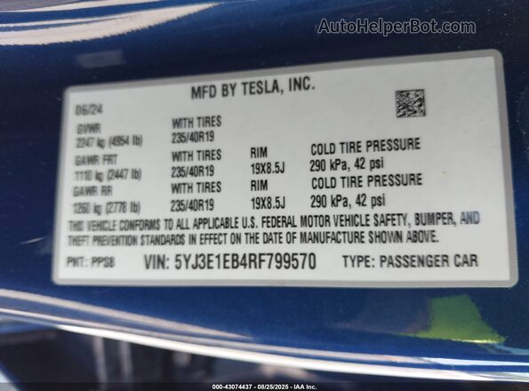 5YJ3E1EB4RF799570 2024 TESLA MODEL 3 Blue 