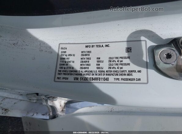 5YJ3E1EB4RF811040 2024 TESLA MODEL 3 White 