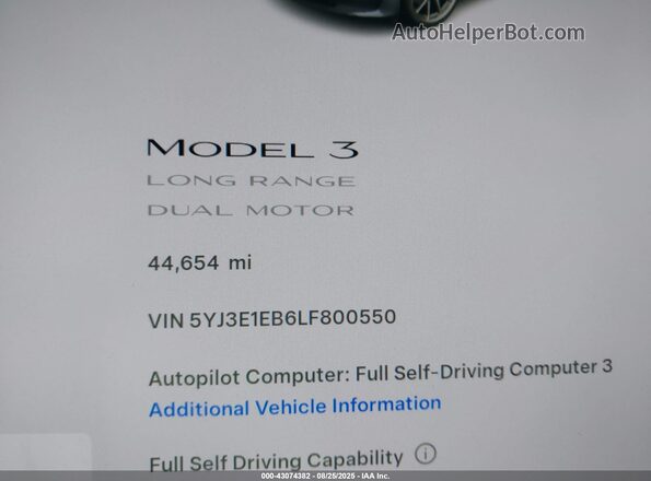 5YJ3E1EB6LF800550 2020 TESLA MODEL 3 Gray 