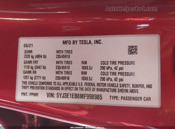 5YJ3E1EB8MF998985 2021 TESLA MODEL 3 Red 