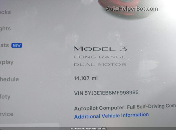5YJ3E1EB8MF998985 2021 TESLA MODEL 3 Red 