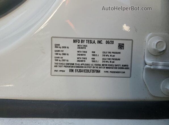 5YJSA1E20LF397964 2020 TESLA MODEL White VIN sticker view