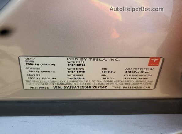 5YJSA1E25HF207342 2017 TESLA MODEL Серебряный 
