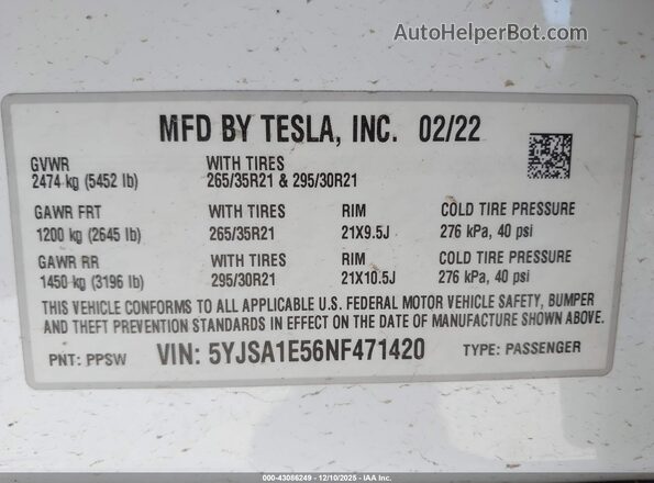 5YJSA1E56NF471420 2022 TESLA MODEL S Black Вид підкапотного простору