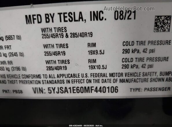 5YJSA1E60MF440106 2021 TESLA MODEL S Black 