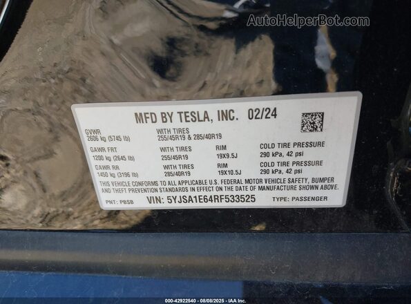 5YJSA1E64RF533525 2024 TESLA MODEL S Black Вид підкапотного простору