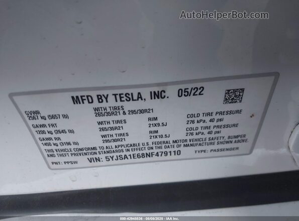 5YJSA1E68NF479110 2022 TESLA MODEL S White Вид підкапотного простору