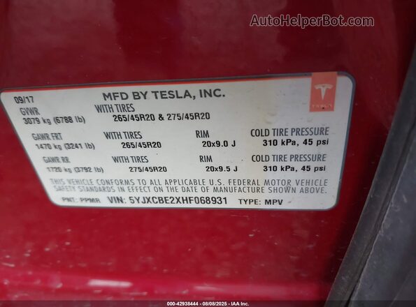 5YJXCBE2XHF068931 2017 TESLA MODEL X Red 