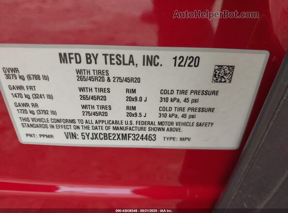 5YJXCBE2XMF324463 2021 TESLA MODEL X Red Շարժիչի բաժամունքի տեսք