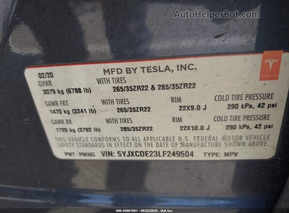 5YJXCDE23LF249504 2020 TESLA MODEL X Gray Widok komory silnika