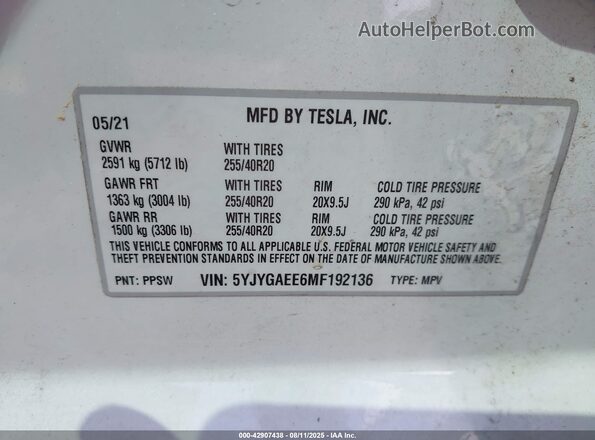 5YJYGAEE6MF192136 2021 TESLA MODEL Y White Вид підкапотного простору