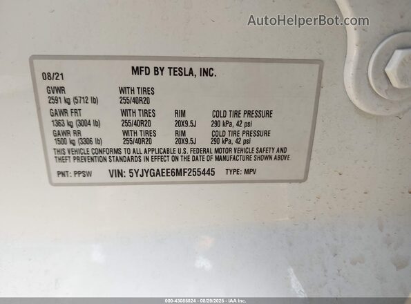 5YJYGAEE6MF255445 2021 TESLA MODEL Y White Շարժիչի բաժամունքի տեսք