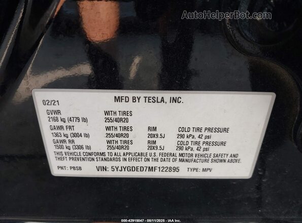 5YJYGDED7MF122895 2021 TESLA MODEL Y Black Engine compartment view