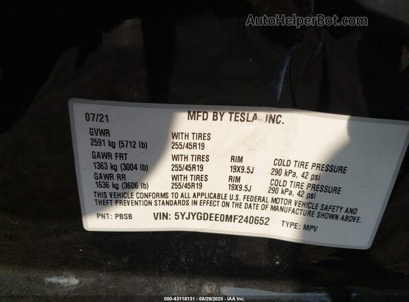 5YJYGDEE0MF240652 2021 TESLA MODEL Y Black Շարժիչի բաժամունքի տեսք
