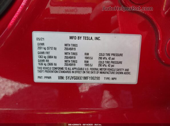 5YJYGDEE1MF196290 2021 TESLA MODEL Y Red 